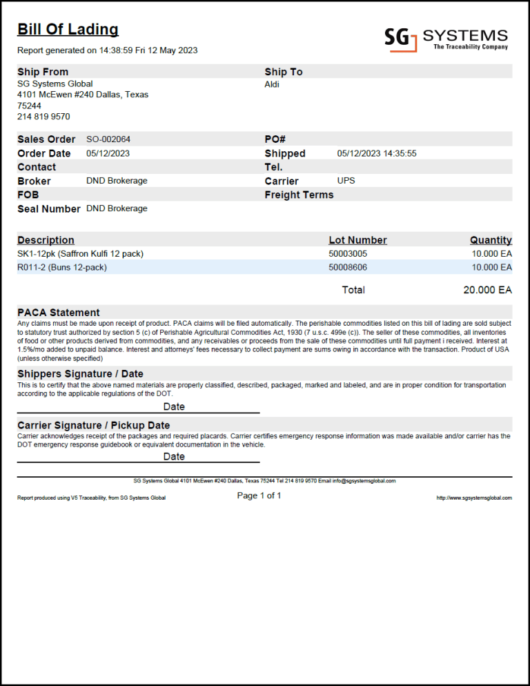 Bill of Lading - Reports Guide, V5 Traceability