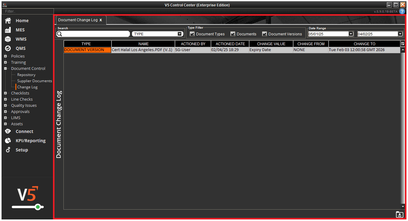 Document Change Log - Control Center Guide - SG Systems Global